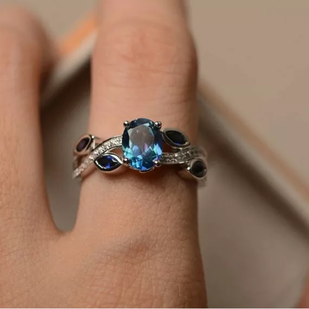 925 Silver Wedding Ring Aquamarine Ring - Picture 3 of 4